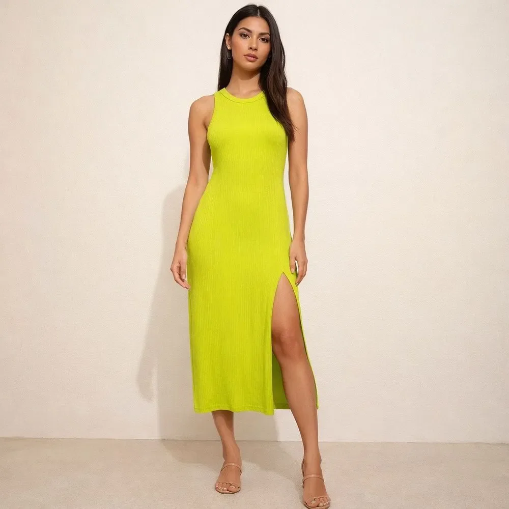 lime green ribbed dress Solid Rib Textured Lime Midi Dress Large